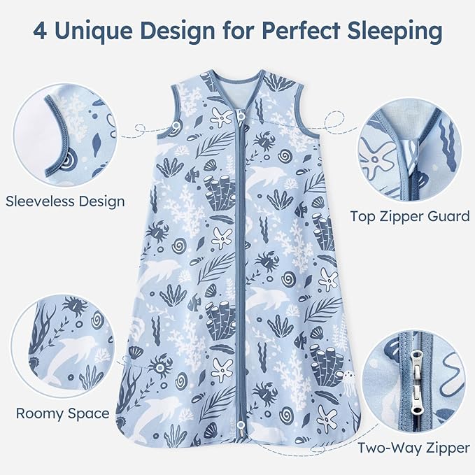 Baby Sleep Sack 0-6 Months 100% Cotton Lightweight 0.5 TOG Wearable Blanket Baby Sleep Bag with 2-Way Zipper for Newborn Infant Blue Dolphin