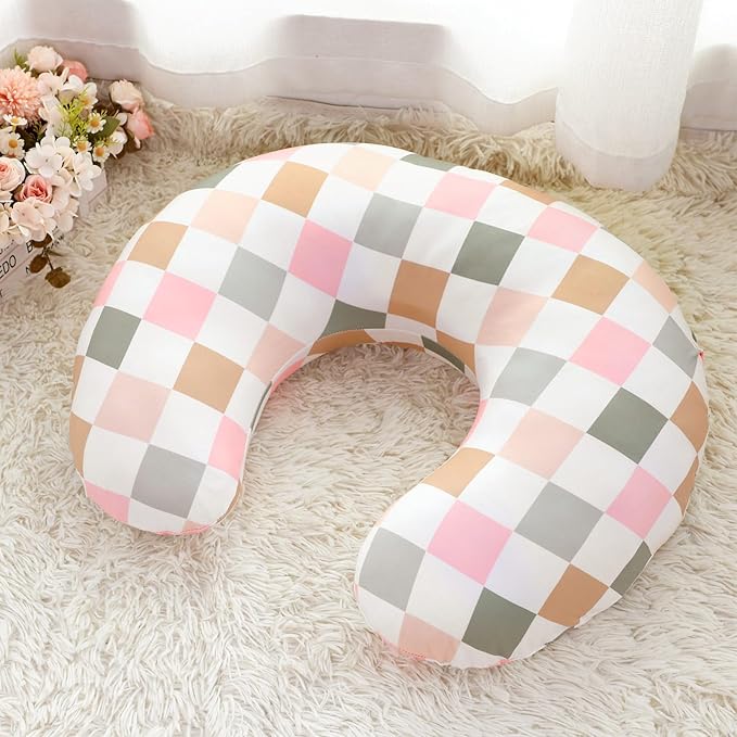 DILIMI Nursing Pillow Cover, Stretchy Removable Case for Breastfeeding Pillows, Ultra Soft Comfortable Slipcover for Baby Girl and Boy, Colorful Checkerboard