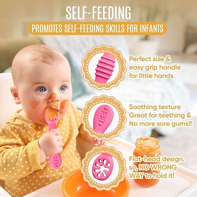 4pc Silicone Baby Spoons Self Feeding Baby Utensils 6-12 Months - 3 Baby Spoon - 1 Baby Fork - Toddler Cutlery Set - BPA Free, Dishwasher Safe - Baby Eating Essentials (Pink/Blue)