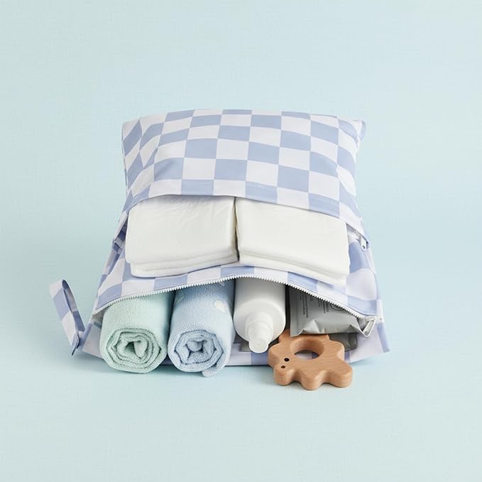Blue Checkered Waterproof Wet Dy Diaper Bag for Baby Essentials, Travel, Swimsuit, Beach Bag Accessories, Aesthetic Trendy Cute Toddler Baby Bag Pouch, Pack of 2
