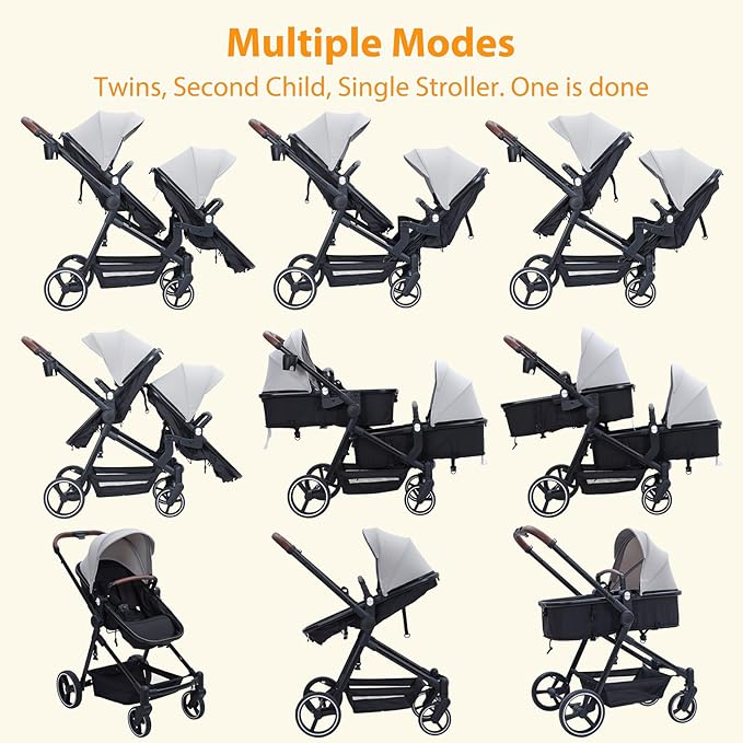 Tandem Double Stroller Newborn and Toddler, Foldable Twin Stroller with Reversible Seat, 5-Point Safety Harness, Adjustable Backrest & Canopy, Storage Basket, Light Grey
