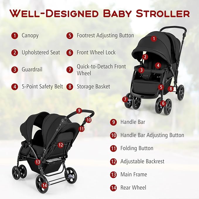 HONEY JOY Double Stroller, Foldable Lightweight Infant Twin with Tandem Seating, 5-Point Harness, Recline Seat, Storage Basket, Compact Baby Double Stroller Newborn and Toddler (Black)