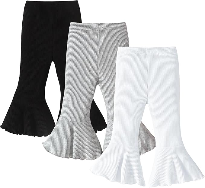 SOBOWO Baby Girl Flare Pants 3 Pack Toddler Solid Ribbed Ruffle Bell Bottoms Pants Trousers Fall Outfits