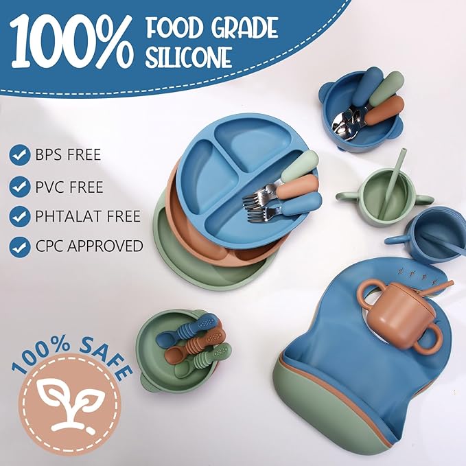 24 Pack Silicone Baby Feeding Set Baby LED Weaning Supplies Includes Suction Divided Plates Soft Bowl Spoons Forks Adjustable Bib Snack Cup and Straws(Dark Green, Dark Blue, Walnut Color)
