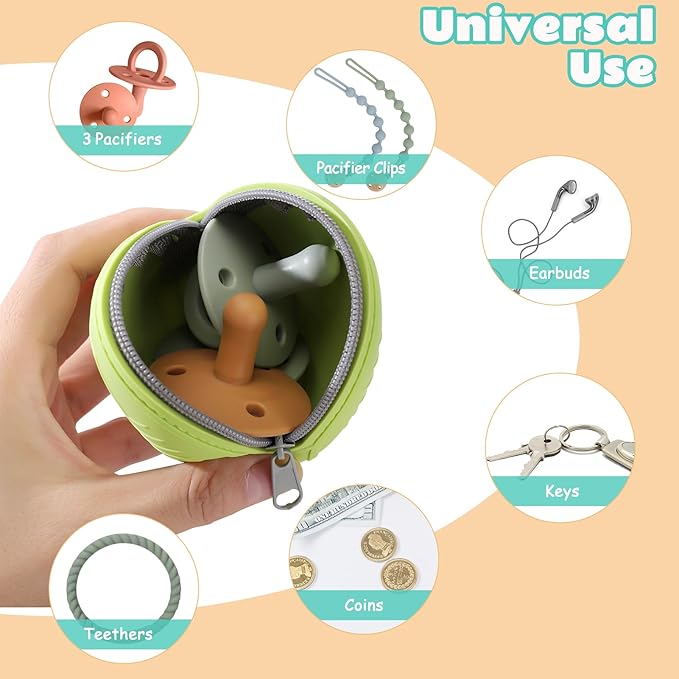 2-Pack Silicone Pacifier Holder Case- Portable Pacifier Cover Pouch Bag, Pacifier Storage Case for Diaper Bag (Avocado/Light Grey)