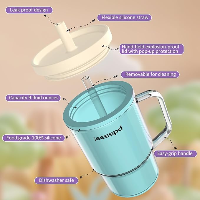 Toddler Cups – 9 oz Adorable Miniature Tumbler with Leak-Resistant Straw and Toddler-Friendly Handle, Encourages Hydration, Easy to Clean, Sippy cups for Toddlers 1-3，BPA Free silicone (Teal)