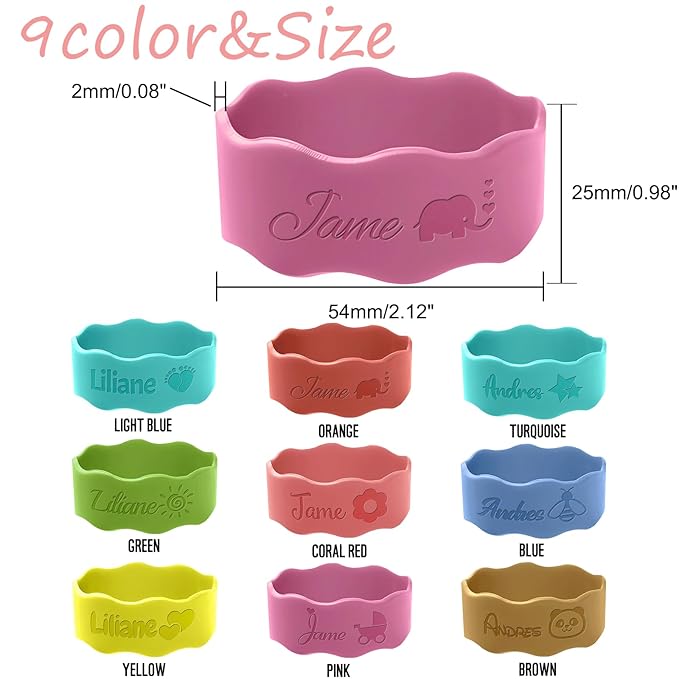 Personalized Baby Bottle Labels for Daycare Custom Water Bottle Name Bands Customized Engraved Silicone Baby Reusable Bottle Straps Labels for Cups School-Turquoise