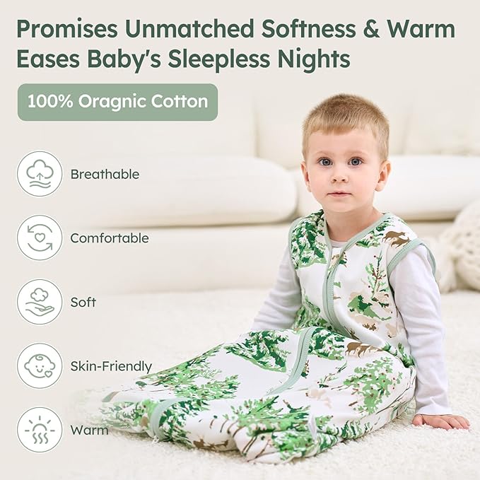 Baby Sleep Sack 0-6 Months 100% Cotton Lightweight 0.5 TOG Wearable Blanket Baby Sleep Bag with 2-Way Zipper for Newborn Infant Green Pine Tree