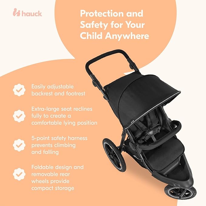 hauck 3-Wheel All Terrain Stroller with Raincover, XL Pneumatic Air Wheels, Mesh Window, and Height-Adjustable Handle, UPF 50+ - from Birth up to 48.5lbs