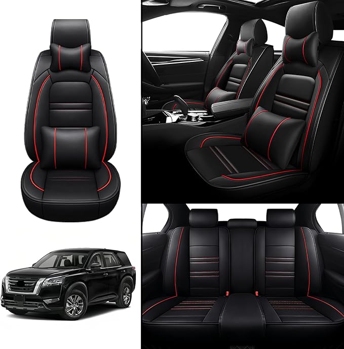 Car Seat Covers for Nissan Car Pathfinder 2000-2025 | 5-Seats Seat Covers, Waterproof Seat Protectors, Automotive Seat Covers (Full Set with Pillow,Black&Red Line)