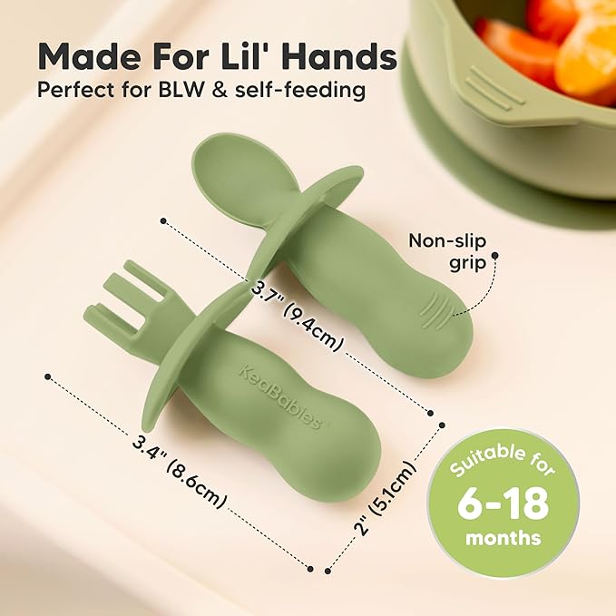 KeaBabies 4-Pack Silicone Baby Spoons and Forks Set - Baby Led Weaning Utensils 6-12 Months, Self Feeding Toddler Spoon & Fork for Training, Teething, Easy to Hold, BPA-Free Silicone (Desert)