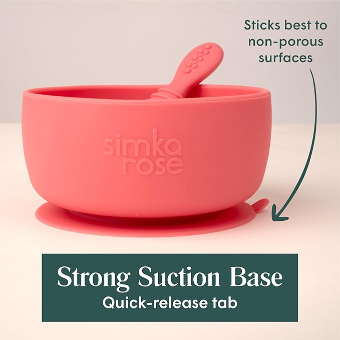 Simka Rose Baby Bowl and Spoon Set, Suction Bowls for Toddler, BPA-Free Silicone, Dishwasher and Microwave Safe Feeding Supplies (Emerald)