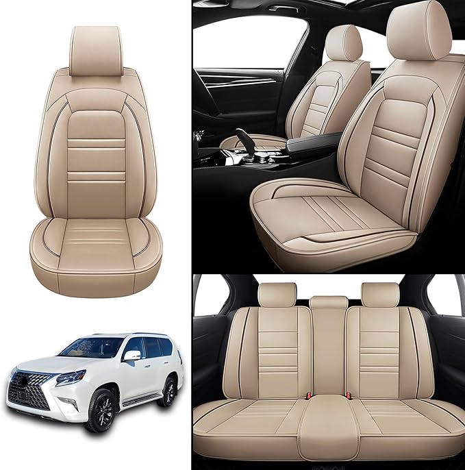 Car Seat Cover for Lexus Car gx460 2010-2023 | 5-Seats Leather Seat Covers, Easy to Install Automotive Seat Covers Full Set (Full Set, Beige)