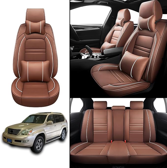 Car Seat Covers for Lexus Car gx470 2003-2009, 5 Seats Leather Seat Covers, Waterproof Seat Protectors, Automotive Seat Covers (Full Set with Pillow,Coffee)