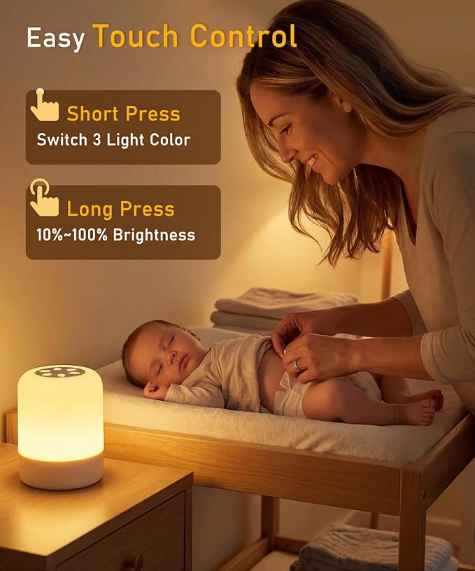 Portable Baby Night Light, Dimmable and 3 Light Color Touch Nursery Lamp, Soft Eye Caring, Rechargeable Cordless LED Night Light for Kids Adults