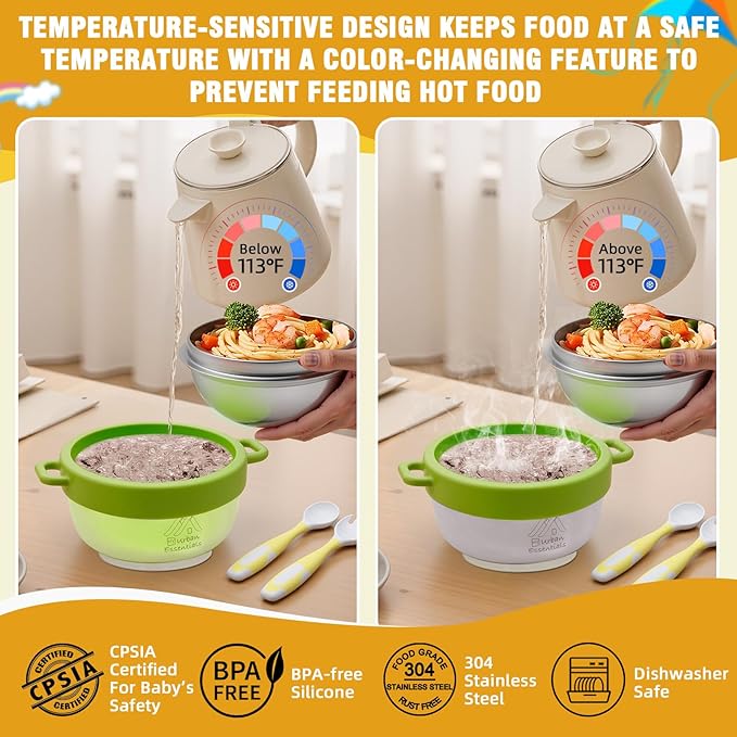 Baby Bowl with Suction, BPA-Free, Premium Food Grade 304 Stainless Steel, Thermo-Color Changing, Foldable Spoon & Fork, Non-Slip Handles for Babies, Toddlers, Kids (Green)
