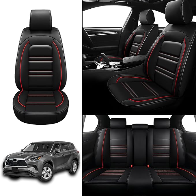 Seat Covers for Toyota Highlander 2001-2025 | 5-Seats Leather Seat Covers, Easy to Install Automotive Seat Covers Full Set (Full Set, Black&Red Line)
