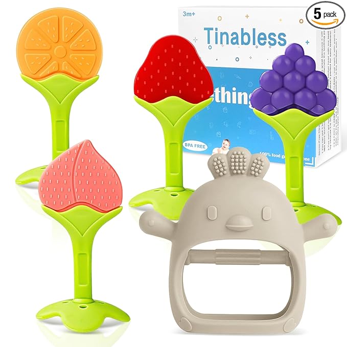 Tinabless Baby Teething Toys 5 Pack, Silicone Teething Mitten & Hand Teethers for Babies 3+ Months, BPA-Free Food Grade Silicone Chew Toys, Anti-Drop, Freezer Safe, Caramel