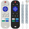 2PCS Silicone Baby Teething Toys, Remote Control Shape Teether Toys with 2PCS Pacifier Clip, Silicone Remote Teether for Baby 3+ Months, BPA Free Baby Teether Toy Frozen/Dishwasher Safe(Black&Beige)