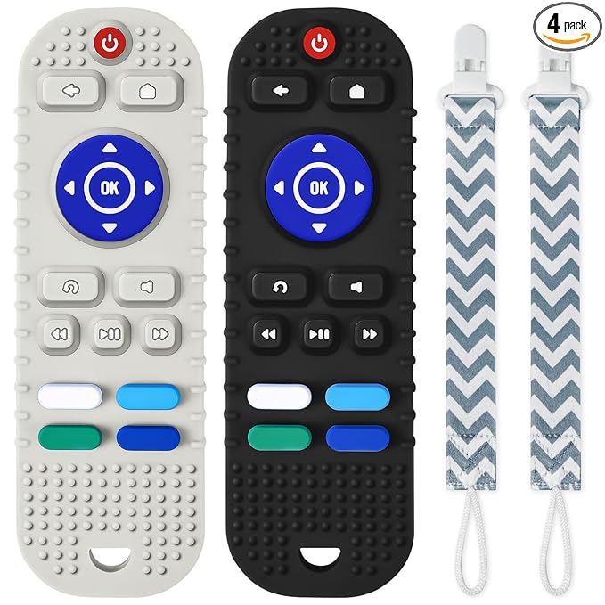 2PCS Silicone Baby Teething Toys, Remote Control Shape Teether Toys with 2PCS Pacifier Clip, Silicone Remote Teether for Baby 3+ Months, BPA Free Baby Teether Toy Frozen/Dishwasher Safe(Black&Beige)