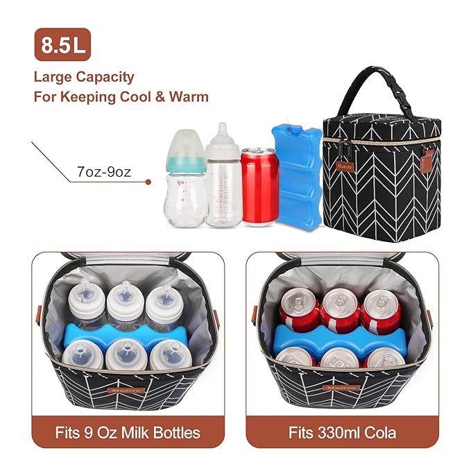 Mancro Breastmilk Cooler Bag, Insulated with Ice Pack, Fits 6 Baby Bottles Up to 9 Oz with On-The-Go Strap, Perfect for Nursing Moms and Daycare, Black Wave