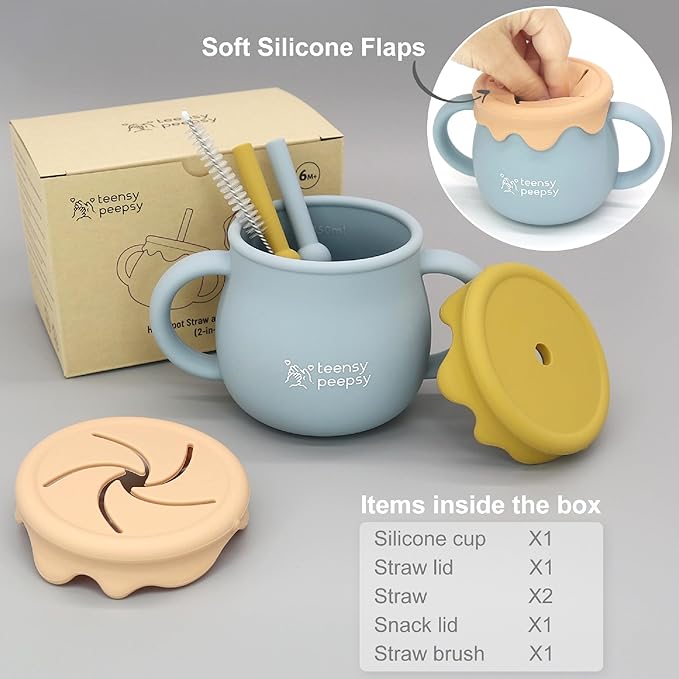 Honey Jar Pot 3-in-1 Silicone Training Cup 8.5oz, Baby Sippy Cup with Straw & Snack Cup for 6 months+ Straw Cup for Baby Boy Gift, Open Cup Toddler Smoothie Drinkware (Honey Jar Blue)