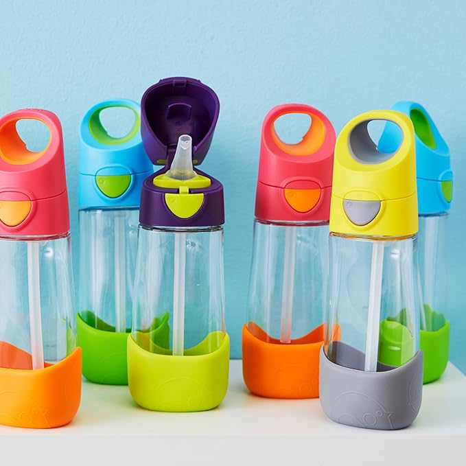 b.box Kids Water Bottle – 20oz Tritan Toddler Drink Bottle with Straw for School, Daycare, Travel w/Easy-Grip Triangular Design, Leak Proof Lid & Handle, BPA Free, Dishwasher Safe (Strawberry Shake)