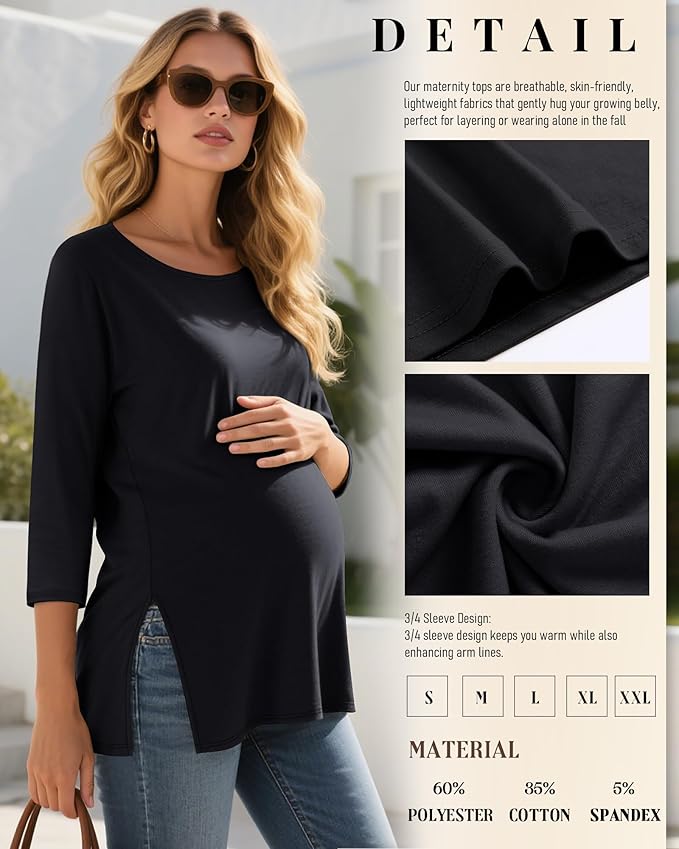 3 Pack Women's 3/4 Sleeve Maternity Shirts Elbow Length Clothes Round Neck Tunics Pregnancy Loose Side Split Tops