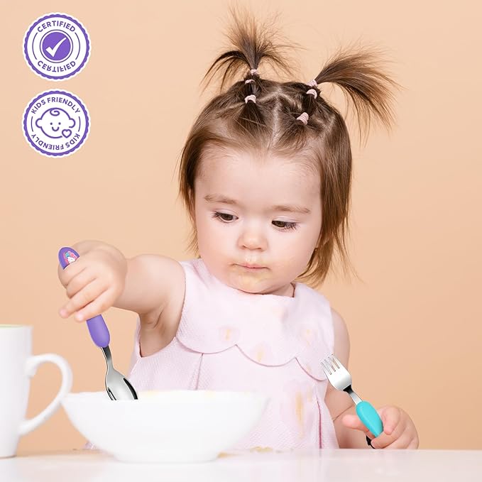 Lehoo Castle 6 Pieces Toddler Utensils, Kids Silverware for 2 3 4 Years Old, Stainless Steel Knife Fork and Spoon Set with Plastic Handle, Safe Toddler Cutlery (Light Pink)