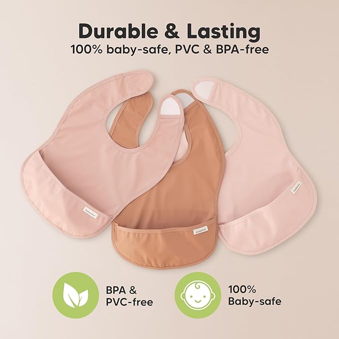 3-Pack Waterproof Baby Bibs for Eating - Lightweight Toddler Feeding Bibs with Large Food Catcher, Mess Proof, Food-Grade Baby Eating Essentials, Easy to Put On & Clean (Fawn)