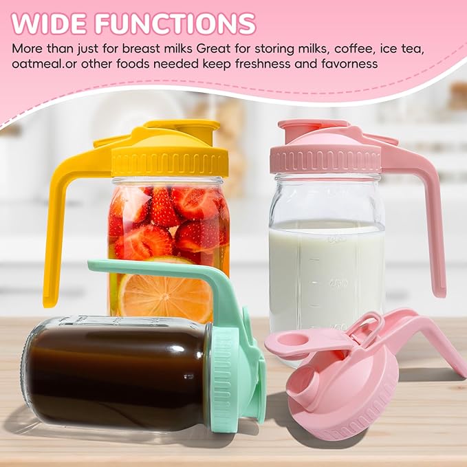 2 PACK Breast Milk Pitcher 32OZ Glass Breastmilk Pitcher with Lids Leak-proof Wide-mouth Storage Jars for Breastmilk, Resistant to Heat or Cold, Freezer-safe (Yellow)