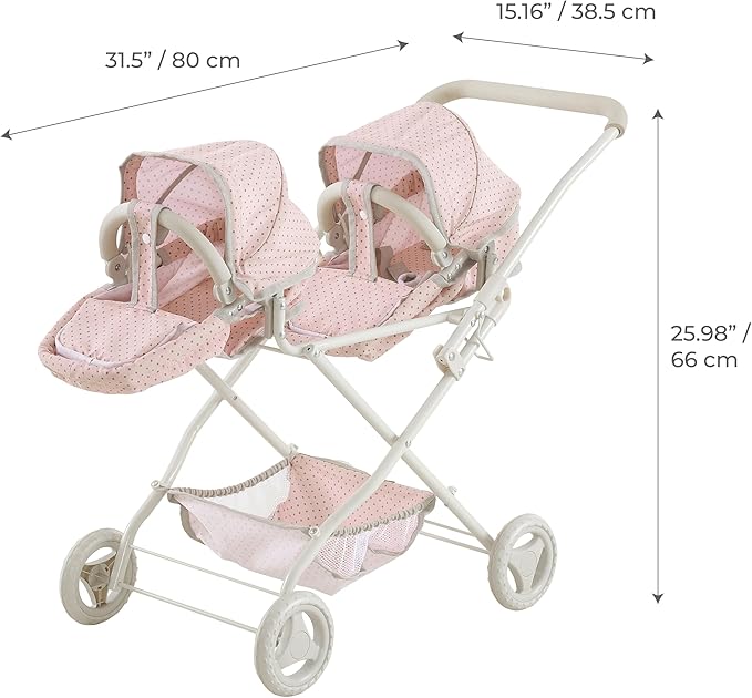 Olivia's Little World Twin Baby Doll Stroller, Double Bassinet Stroller Kids Baby Strollers for Dolls with Retractable Canopy & Storage for Kids Ages 3+, Pink/Gray