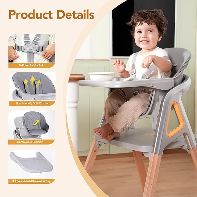CoziBB Baby High Chair, 6-in-1 Convertible Growing Baby High Chair for Infants and Toddlers with Adjustable Plates and Seats, 5-Point Seat, Grey