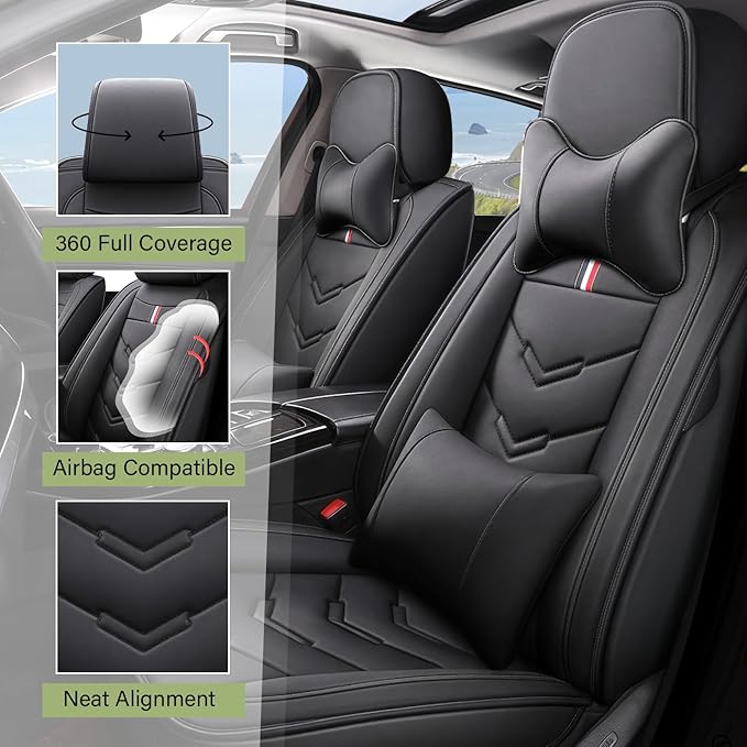 Leather Car Seat Covers Fit for LR Range Rover 2022-2025, 5 Seater Waterproof and Wear-Resistant Seat Cover Interior Accessories(Full Set with Pillow,Black)