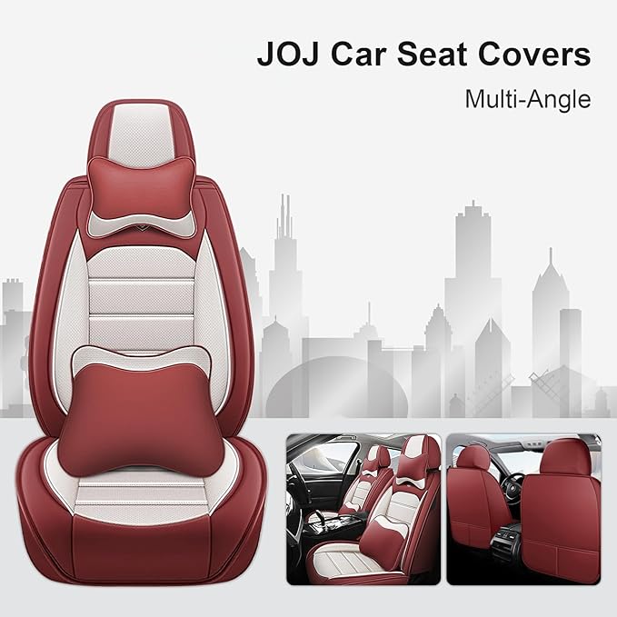 JOJ Car Seat Cover Fit for Toyota Highlander 2001-2025,7 Seat Car Seat Cover,No-Slip Waterproof Breathable Faux Leather Automotive Seat Covers Auto Interior Covers,Full Set with Pillow,Cream Red
