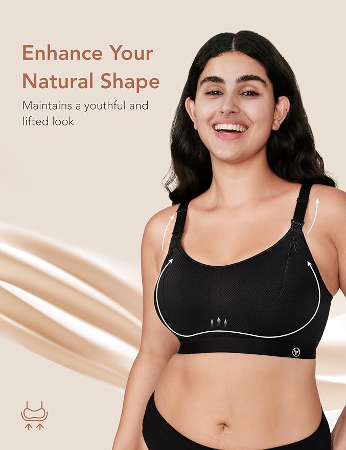 Pumping Bra Hands Free Zip Opening Design Seamless Nursing Bras for Breastfeeding High Support Nursing & Pumping Bra in One Black M