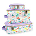 Itzy Ritzy Packing Cubes For Travel – Set of 3 Packing Cubes or Travel Organizers; Each Cube Features a Mesh Top, Double Zippers and a Fabric Handle (Purple Dinosaurs)