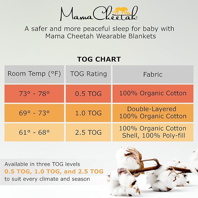 Mama Cheetah Toddler Sleep Sack with Feet, 0.5 TOG Organic Cotton Baby Wearable Blankets with Legs, Baby Sleeping Bag for Walkers, Early Walker 6-18 Month