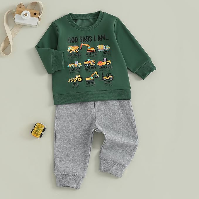 Nyapruwe Toddler Baby Boy Fall Outfit Funny Print Long Sleeve Sweatshirt Joggers Pants Set Kids Warm Winter Clothes