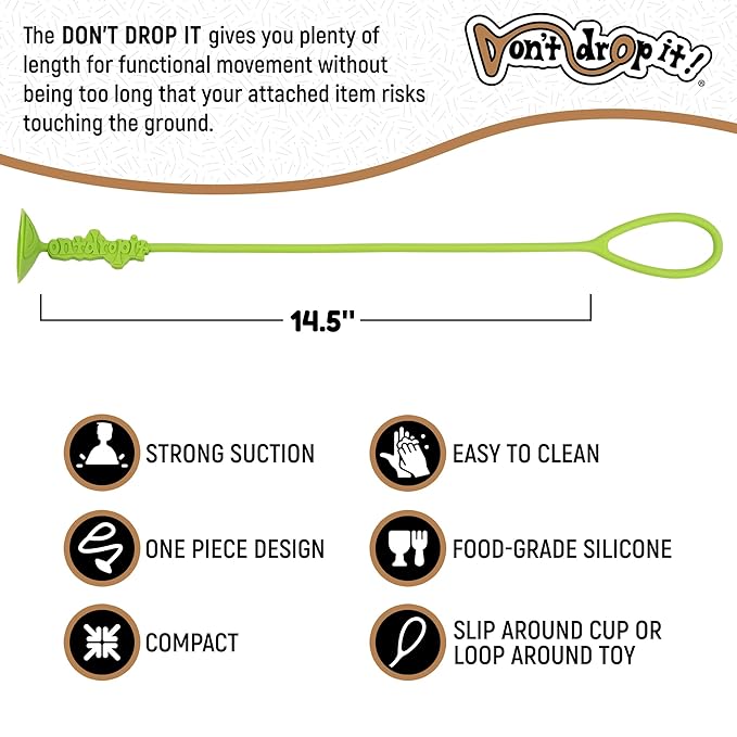 Don't Drop It ® Silicone Suction Cup Strap Tether - Keep Cups, Bottles, Toys, and More from Hitting The Floor - Easily Attaches to Smooth Sufaces on High Chairs, Tables, Bouncers, Walker Trays, etc.
