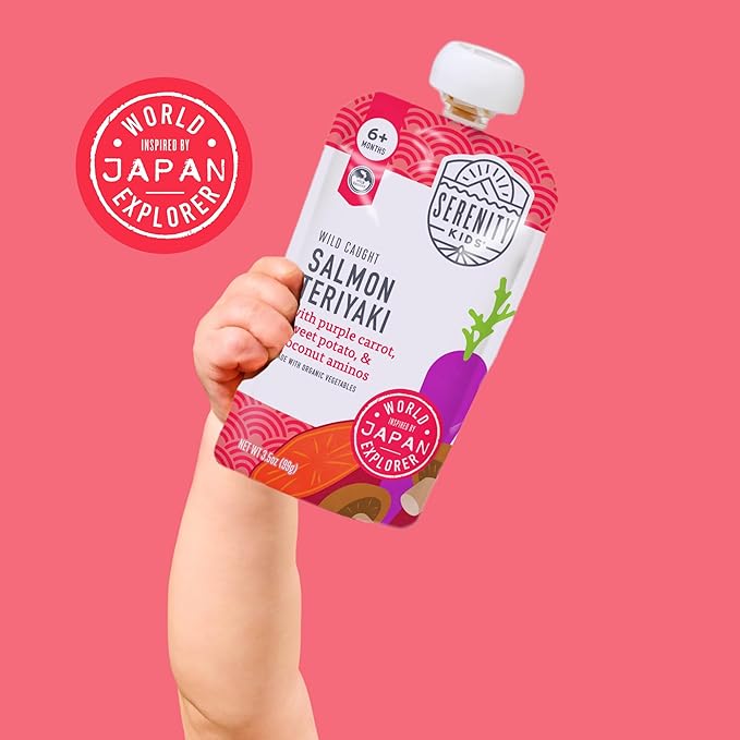 Serenity Kids + Months Baby Food Puree - Salmon Teriyaki Pouch, 3.5 oz, Pack of 6-5g Protein DV Wild-Caught Salmon Snacks - Nutrient-Packed Organic Baby Food Pouches - No Sugar Added Toddler Snack