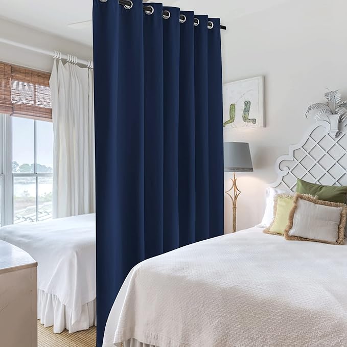 RYB HOME Privacy Curtain for Sliding Glass Door, Light Block Noise Reduce Insulated Curtain Screen Ceiling to Floor for Locker Room Basement Bedroom Closet, 100 inch Wide x 90 inch Long, Navy