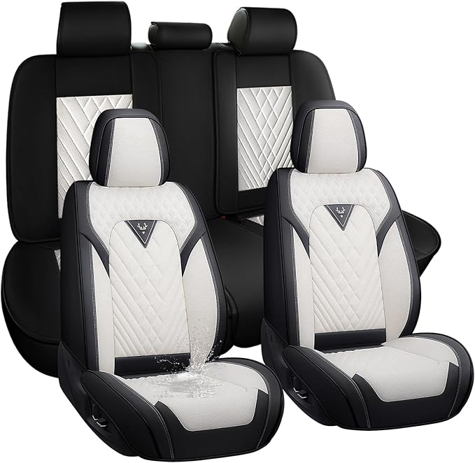 Car Seat Covers,Waterproof Faux Leather Automotive Comfortable Seat Covers Full Set for Cars SUV Truck Sedan,Universal Anti-Slip Seat Protector Breathable Seat Cover (5 Seat,Black&White)