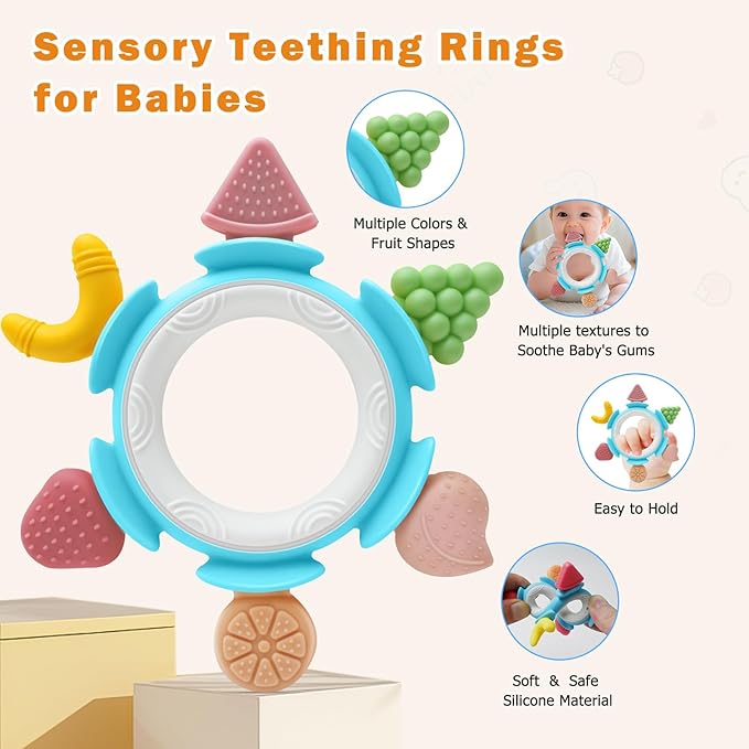Baby Teething Ring Toy for 3–12 Months, Silicone Infant Teether for Sore Gum Relief, Soothing Sensory Chew Toy, Ideal Newborn Gift for Boys Girls Baby Shower, Birthday or Christmas, Blue