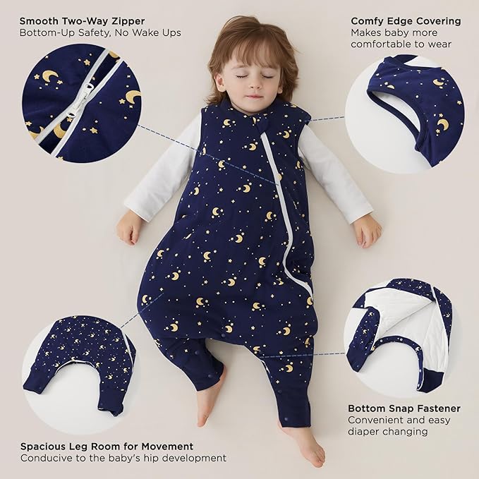 Duomiaomiao 2.5 TOG Toddler Sleep Sack 6-12 Months 100% Cotton Winter Side Open Zipper Baby Sleep Sack with Feet, Warm Toddler Wearable Blanket