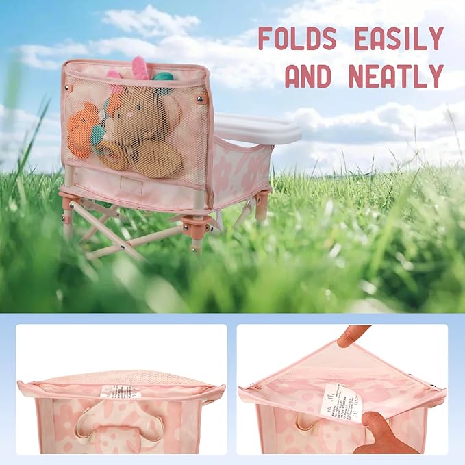 Tiny Marvels Portable 3-in-1 Baby Chair, Cozy Booster Seat, Baby Seat with Tray, Compact Foldable, Toddler Chair with Child Safety Belt Carry Bag, Perfect for Travel (Blush Bloom)