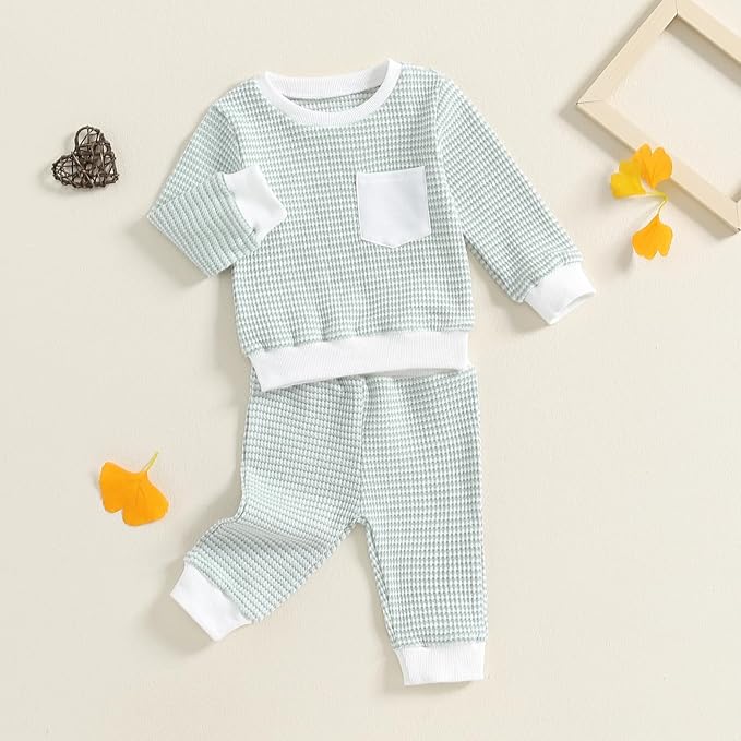 Toddler Baby Boy Fall Clothes Waffle Outfit Long Sleeve Color Blocking Sweatshirt Pullover Jogger Pant Set