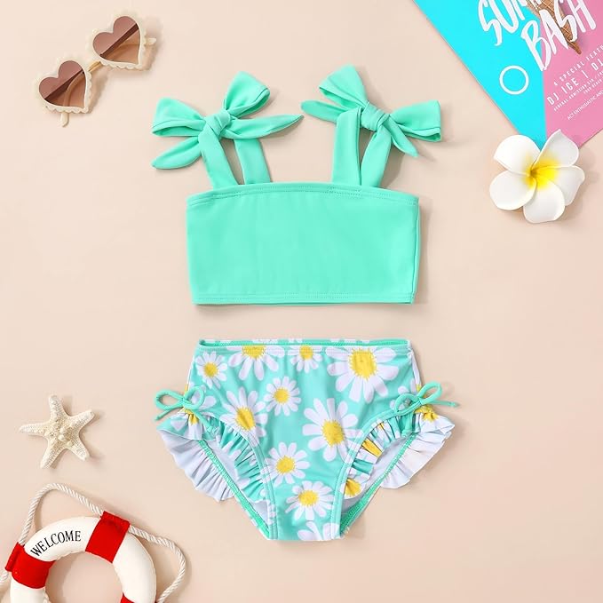 Toddler Swimsuit Girl Color Block Stripe Swimwear Baby Girl Summer Beach Bathing Suits Bikini Set with Ruffled Edges