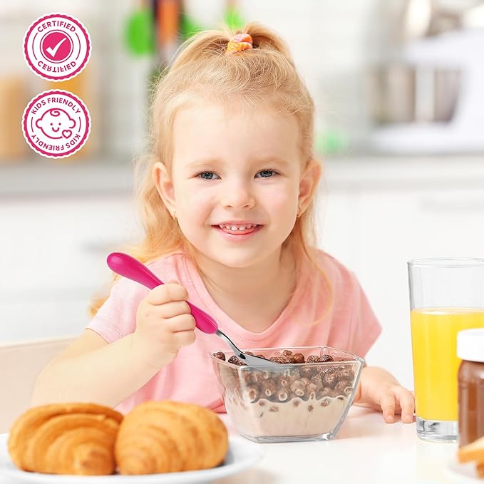 Lehoo Castle 6 Pieces Toddler Utensils, Kids Silverware for 2 3 4 Years Old, Stainless Steel Knife Fork and Spoon Set with Plastic Handle, Safe Toddler Cutlery (Pink)