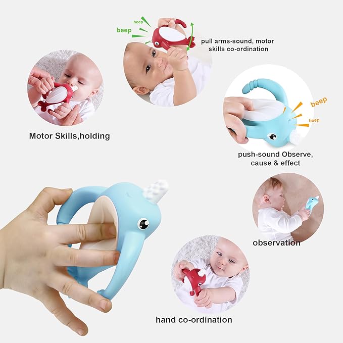 Best Baby Toy for 4Months Baby, Baby Teething Toys for 3-6 6-12 Months, Teething Relief Toys, Food Grade Silicone Montessori Baby Teether Toy for 3-6months, Sensory Toys for Teething Babies, Blue